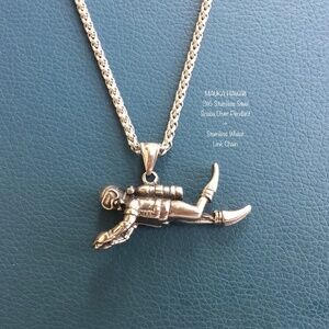 Scuba Diver Diving Tank Flippers 316 Stainless Pendant + Custom Wheat Link Chain